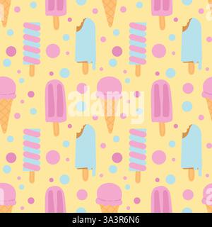 Motif de crème glacée sans couture avec popsicles et cônes sur un fond jaune pastel avec des points Illustration de Vecteur