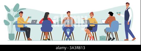 Homme travaillant au bureau de l'ordinateur. Les gens assis à la table de négociation avec des ordinateurs portables. Faites un remue-méninges en groupe. Discussion d'affaires. Serveur avec café pour les employés de bureau. Concept de dessin animé plat vectoriel Illustration de Vecteur