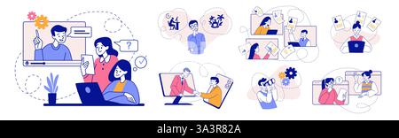 Entretien d'embauche en ligne. Communication professionnelle. Gestion des ressources humaines et recrutement. Reprendre à la vacance. Questions et réponses pour l'employé. Visioconférence informatique. Les gens parlent à distance. Ensemble de concepts vectoriels Illustration de Vecteur