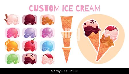 Cuillère à crème glacée. Saveur de glace vanille, cône arc-en-ciel avec boule de chocolat ou de pistache, banane ou biscuits. Cône gaufré et différentes boules congelées. Collection personnalisée pour le menu. Illustration vectorielle Illustration de Vecteur