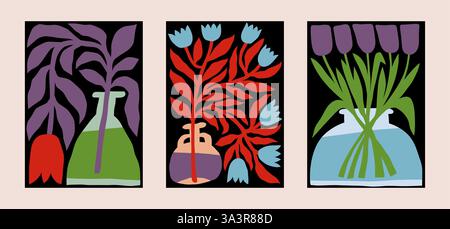 Fleurs contemporaines. Motif de vase artistique. Formes naïves modernes ou collage Matisse rétro décoratif. Formes florales ondulées. Bouquet de fleurs. Pichet en verre avec fleurs. Feuilles de brindilles. Ensemble d'affiches abstraites vectorielles Illustration de Vecteur