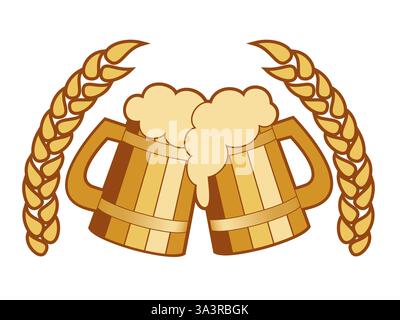 Deux tasses à bière en bois toaster, avec mousse de bière Illustration de Vecteur