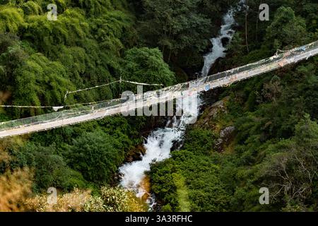 Pont suspendu sur une rivière glaciaire de montagne au milieu de la jungle verte dans le Haut Syafru Népal Banque D'Images