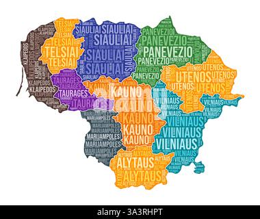 Forme de Lituanie. Nuage de mots de pays avec division de région. Lituanie illustration colorée. Nuage de noms de région. Illustration vectorielle. Illustration de Vecteur