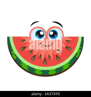 Personnage de tranche de pastèque de dessin animé mignon avec visage drôle. Heureux emoji bonjour illustration vectorielle de fond d'été. Tirage d'aliments sains végétariens biologiques Illustration de Vecteur