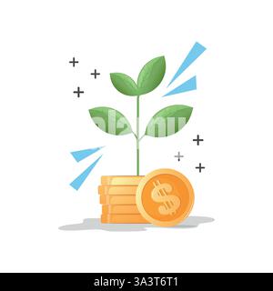 Pièces de dollar d'or poussant sur une illustration vectorielle végétale verte. Concept d'épargne-croissance, d'investissement intelligent et de revenu passif. Culture de plantes monétaires. Illustration de Vecteur