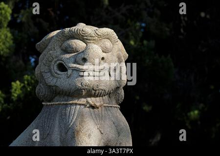 Happy-look Komainu - un chien lion gardant l'entrée ou la porte d'un sanctuaire au Japon Banque D'Images