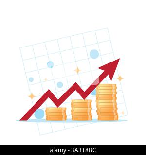 Concept de croissance financière et d'investissement avec Rising Graph et Money. Illustration vectorielle de pièces de monnaie de piles d'or, infographie financière. Illustration de Vecteur