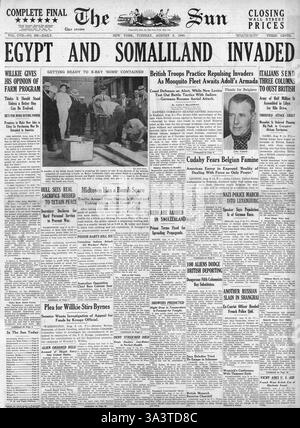 1940 première page le Sun (New York) les forces italiennes envahissent l'Égypte et le Somaliland Banque D'Images