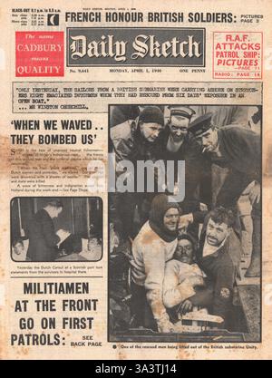 1940 front page Daily Sketch survivants de l'unité sous-marin HMS après collision avec le navire norvégien Alte Jarl Banque D'Images