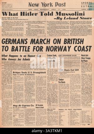 1940 front page New York Post bataille pour la Norvège Banque D'Images