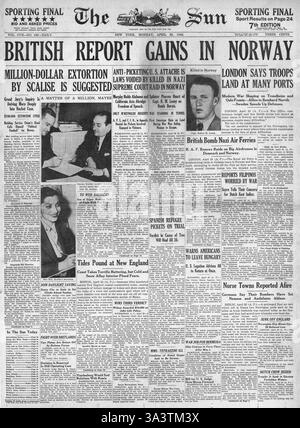 1940 front page Le Soleil (New York) les gains en Norvège rapport britannique Banque D'Images