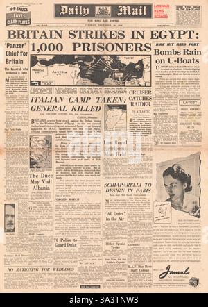 1940 première page Daily mail offensive de l'armée britannique contre les forces italiennes dans le désert occidental de l'Égypte et revendique 1 000 prisonniers de guerre Banque D'Images