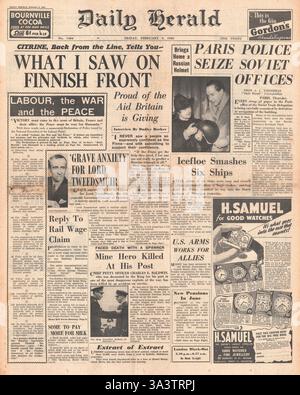 1940 front page Daily Herald Trades Union Congress chef Sir Walter Citrine rend compte de sa visite à l'avant Banque D'Images