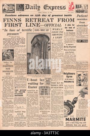 1940 première page Daily Express retrait finlandais de la ligne de front et le HMS Exeter arrive à Plymouth Banque D'Images