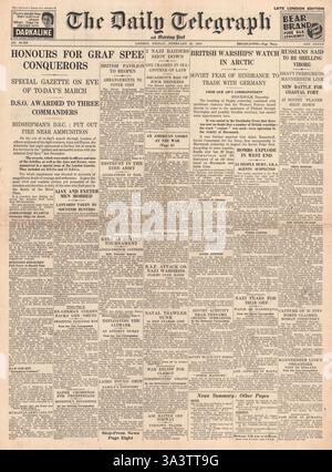 1940 front page Daily Telegraph Navy honoré pour la bataille de River Plate Banque D'Images