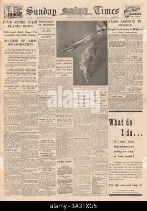 1940 première page Sunday Times bataille d'Angleterre et Douglas Bader Banque D'Images