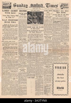 1940 première page Sunday Times BEF EVACUER Dunkerque et Lord Gort, commandant en chef de BEF, rentre chez lui Banque D'Images