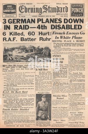 1940 première page Evening Standard (Londres) bombardement d'avions de l'est de l'Angleterre et de la Luftwaffe abattus Banque D'Images