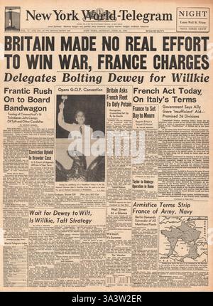1940 New York World Telegram accusations selon lesquelles la Grande-Bretagne laissé vers le bas France Banque D'Images