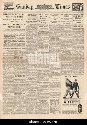 1940 front page Sunday Times von Ribbentrop pour rendre visite au Pape Banque D'Images