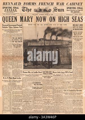 1940 première page le Sun (New York) Liner Queen Mary quitte New York et Reynaud forme le cabinet de guerre français Banque D'Images
