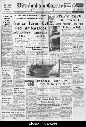 1940 Première page de la Gazette du Birmingham mutinerie présumée sur le cuirassé Admiral Graf Spee Banque D'Images