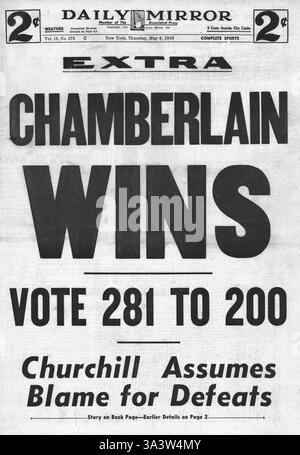 1940 front page Daily Mirror (New York) Chamberlain remporte le vote de confiance Banque D'Images