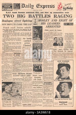 1940 première page du Daily Express RAF attaque la division blindée allemande, les batailles font rage en Flandre et sur les côtes françaises et Sir Oswald Mosley arrêté Banque D'Images