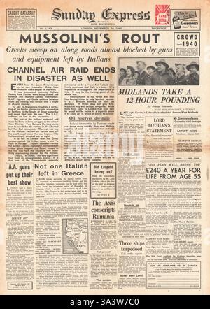 1940 front page Sunday Express acheminés vers l'armée italienne en Albanie Banque D'Images
