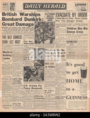 1940 front page Daily Herald RAF bombarder Dunkerque Banque D'Images