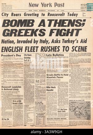 1940 front page New York Post l'Italie en guerre avec la Grèce Banque D'Images