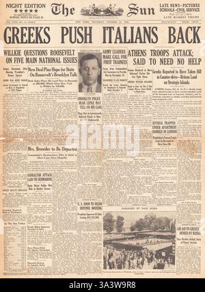 1940 front page Le Soleil (New York) de l'armée grecque italien push est de retour Banque D'Images