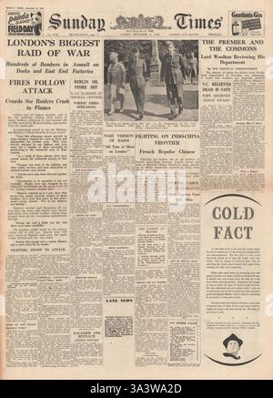 1940 front page Sunday Times de Londres Plus grand raid de la Luftwaffe par jour Banque D'Images