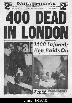 1940 front page Daily Mirror (New York) Luftwaffe massif bombardement sur Londres Banque D'Images