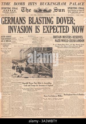 1940 première page le Sun (New York) bombardé par Douvres et le palais de Buckingham bombardé Banque D'Images