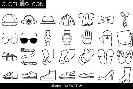 Chaussures, chapeaux et accessoires de mode, icône simple de dessin de ligne noir et blanc de vêtements, illustration vectorielle Illustration de Vecteur