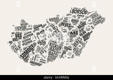 Nuage de mots Hongrie. Pays avec division de régions. Hongrie texte typographique nuages de conception d'image vectorielle. Image de forme de pays de style gazette vintage. Illustration de Vecteur
