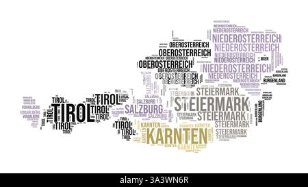 Autriche Word Cloud. Forme du pays avec division de région. Image de style typographique Autriche. Nuages de balises de noms de région. Illustration vectorielle. Illustration de Vecteur