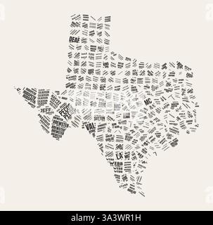 Texas Word Cloud. État avec division des comtés. Texas texte typographique nuages de conception d'image vectorielle. Image de forme d'état de style gazette vintage. Illustration de Vecteur