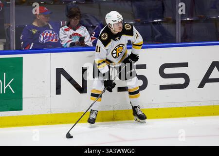 Rochester, New York, États-Unis. 14 mars 2025. L’attaquant des Bruins de la Providence, Riley Duran (11 ans), patine en échauffement avant un match contre les Americans de Rochester. Les Américains de Rochester ont accueilli les Bruins de Providence lors d'un match de la Ligue américaine de hockey au Blue Cross Arena de Rochester, New York. (Jonathan Tenca/CSM). Crédit : csm/Alamy Live News Banque D'Images