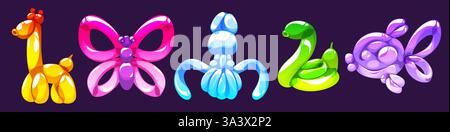 Animaux de montgolfière fixés isolés sur fond noir. Illustration vectorielle de dessin animé de chien à bulles gonflable mignon, papillon, serpent, poisson pour la décoration de fête d'anniversaire d'enfants, accessoire amusant de vacances Illustration de Vecteur