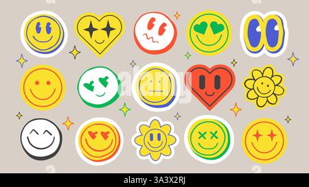 Autocollants emoji Groovy ensemble isolé sur fond. Illustration vectorielle de dessins animés ronds, cœur, émoticônes de forme de fleur, visages smiley y2k de couleur vive pour les médias sociaux rétro, affiches, conception de bannières Illustration de Vecteur
