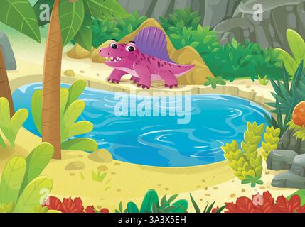 scène de terre de dinosaure de dessin animé avec dinosaure animal dans l'illustration de la jungle pour les enfants Banque D'Images