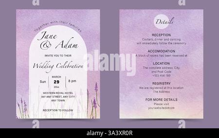 Aquarelle doux fond texturé violet avec modèle d'invitation de mariage de champ de fleurs violettes Illustration de Vecteur