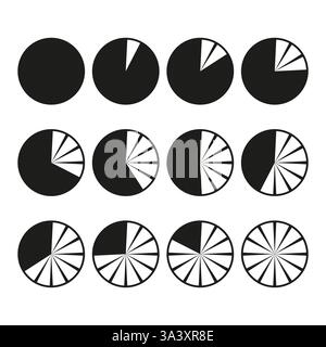 Icônes de graphique circulaire. Visuel des données d'entreprise. Analyse statistique vectorielle. Design simple noir. Illustration de Vecteur