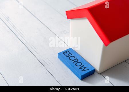 Le mot « SÉQUESTRE » à côté d'une petite maison de jouet. Transactions immobilières ou concept de sécurité financière. Copier l'espace pour le texte. Banque D'Images