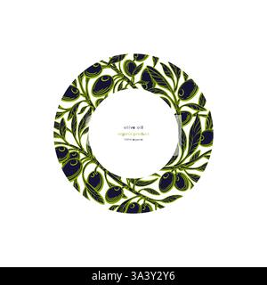 Motif de cadre olive en cercle. Vecteur branche verte, fruits frais. Illustration graphique dessinée à la main sur fond blanc. Nourriture agricole méditerranéenne, organi Illustration de Vecteur