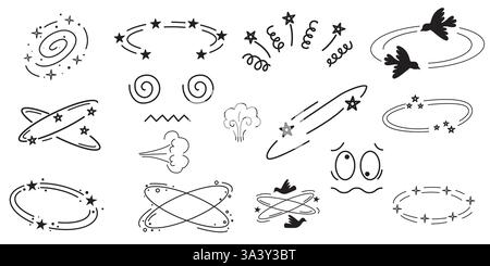 Dizziness manga ou anime élément d'émoticône comique effets graphiques dessin à la main illustration vectorielle doodle ensemble isolé sur fond blanc. Style dessin animé Illustration de Vecteur
