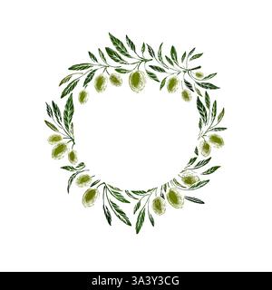 Oliveraie. Fruits verts, branche rustique. Couronne italienne de texture vectorielle sur fond blanc. Cadre nature, motif vintage. Espace libre pour votre texte Illustration de Vecteur